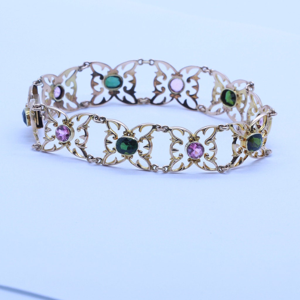 Antique Nouveau Bracelet 15ct Gold Tourmaline Pink Green Butterflies w cert(4665