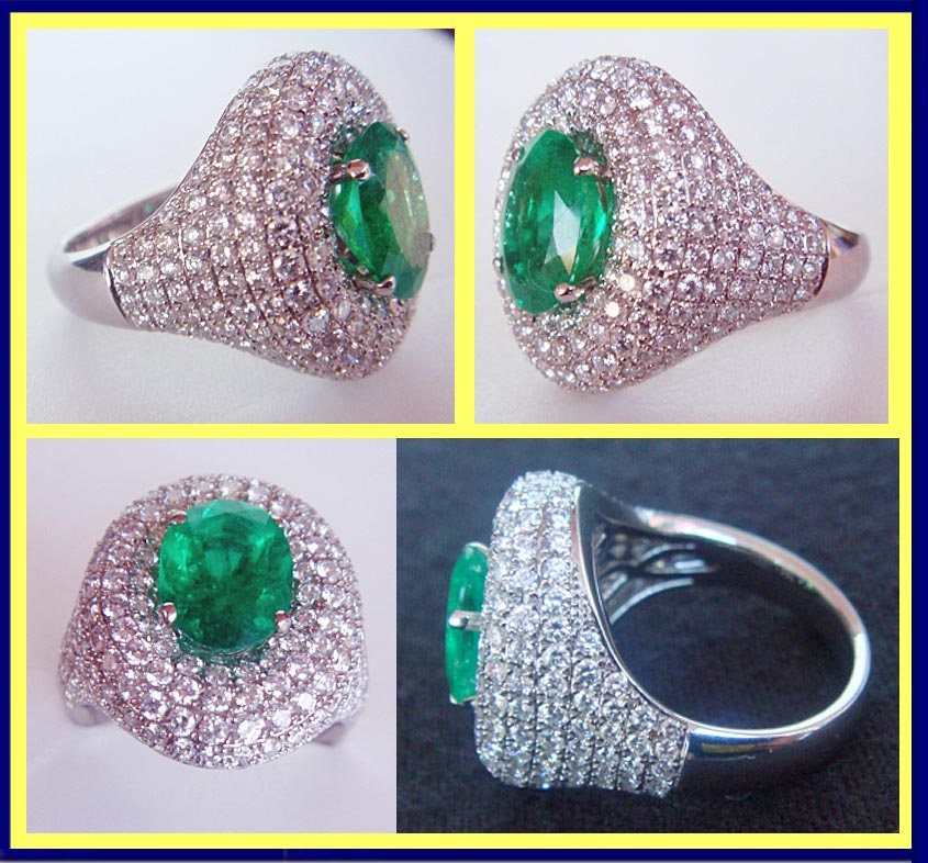 Vintage Ring 3ct Diamonds 2.18 ct  Emerald 18k White Gold Big w Appraisal (4804)