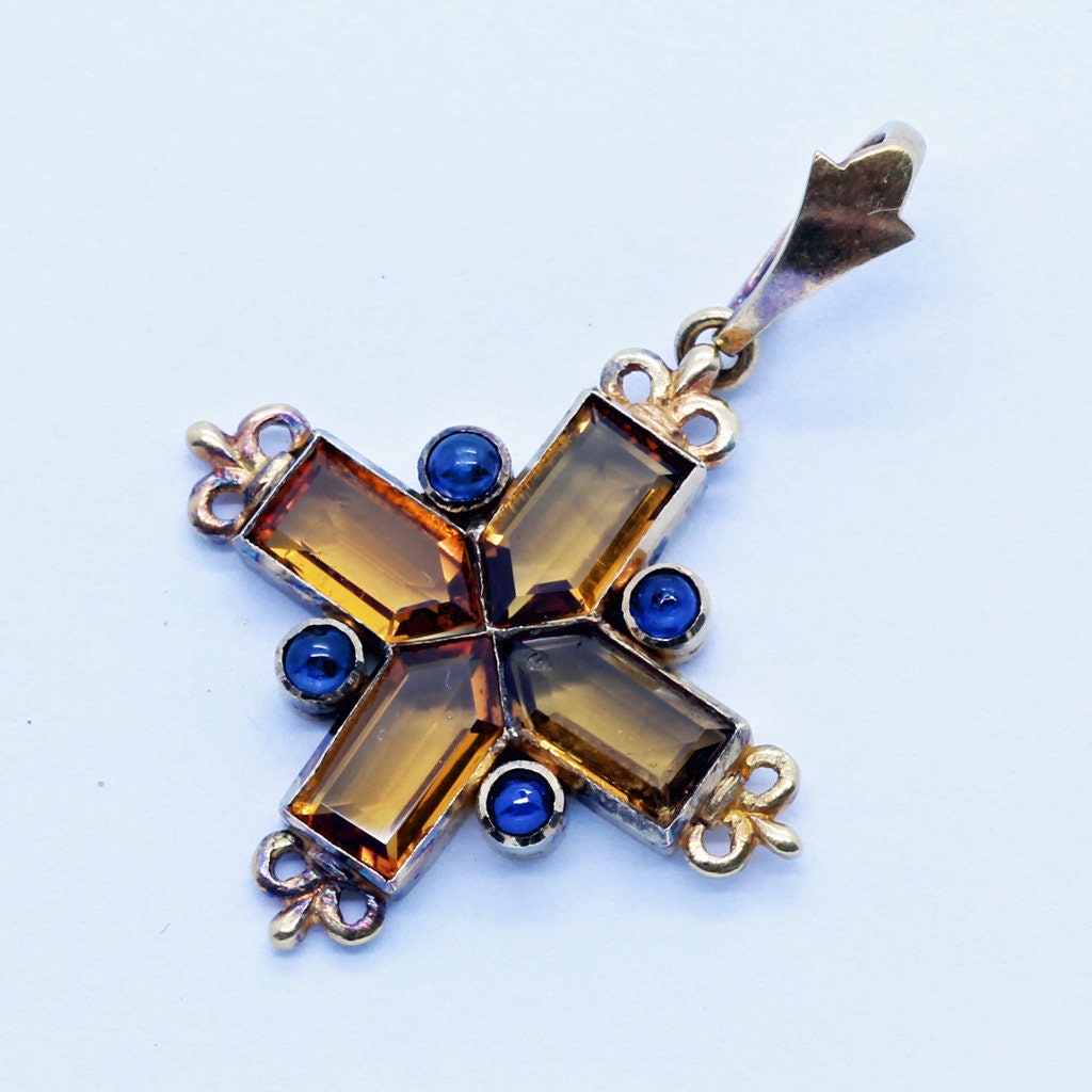 GIULIANO Antique Victorian Cross Pendant 18k Gold Sapphires Citrines (6771)