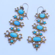 Antique Victorian Earrings 18k Gold Turquoise Pearls Cascading Dangles (6775)