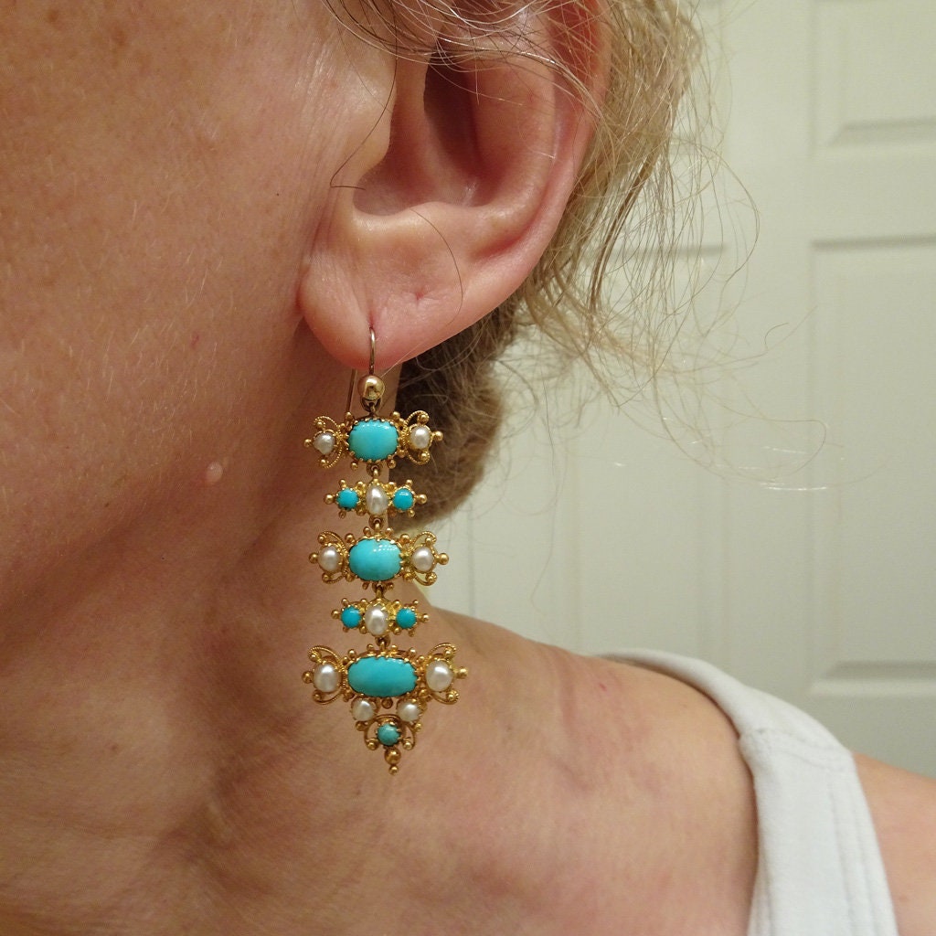 Antique Victorian Earrings 18k Gold Turquoise Pearls Cascading Dangles (6775)