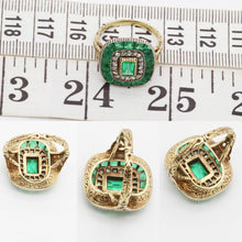 Antique Edwardian Ring Emeralds Diamonds 14k Chased Gold w Certificate (6117)