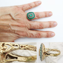 Antique Edwardian Ring Emeralds Diamonds 14k Chased Gold w Certificate (6117)