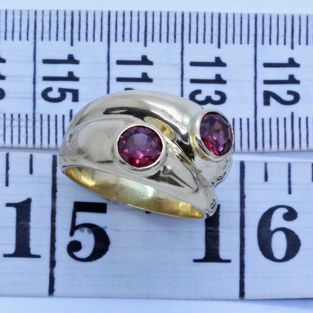 Vintage Ring 18k Gold Pink Tourmalines French Unisex Man Woman Wedding (6782)