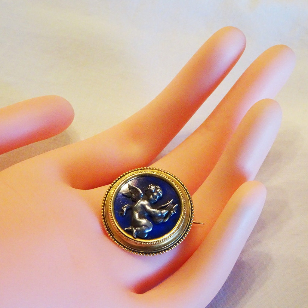 Fannière Frères Antique Brooch 18k Gold Silver Enamel Cherub Original Box (6788)