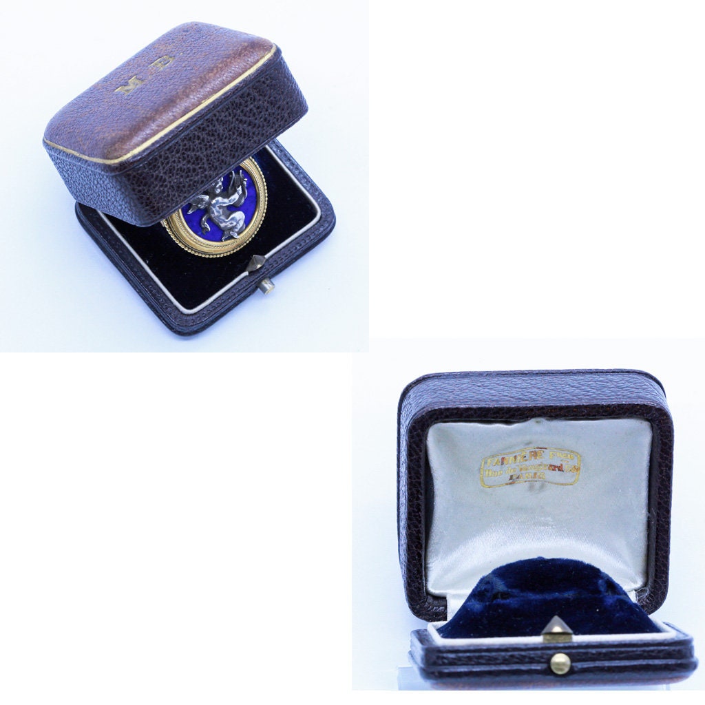 Fannière Frères Antique Brooch 18k Gold Silver Enamel Cherub Original Box (6788)