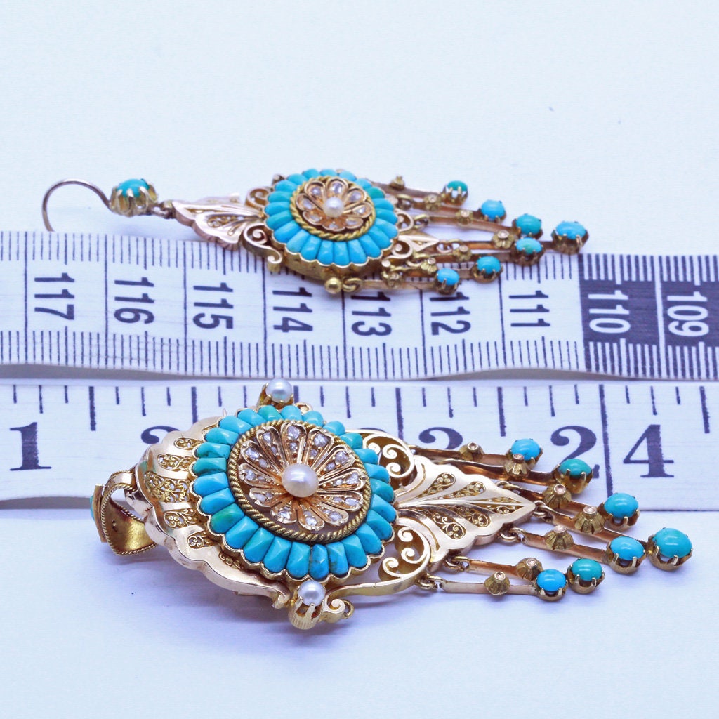 Antique Victorian Earrings Pendant Brooch Gold Turquoise Diamonds Pearls set (6787)