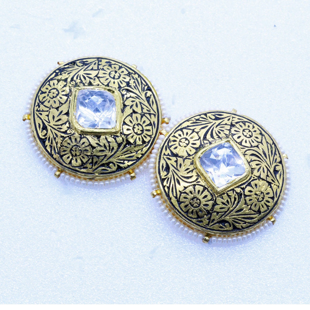 Antique Vintage Earrings 22k Gold Pearl White Sapphire Enamel Punjab India (6804)