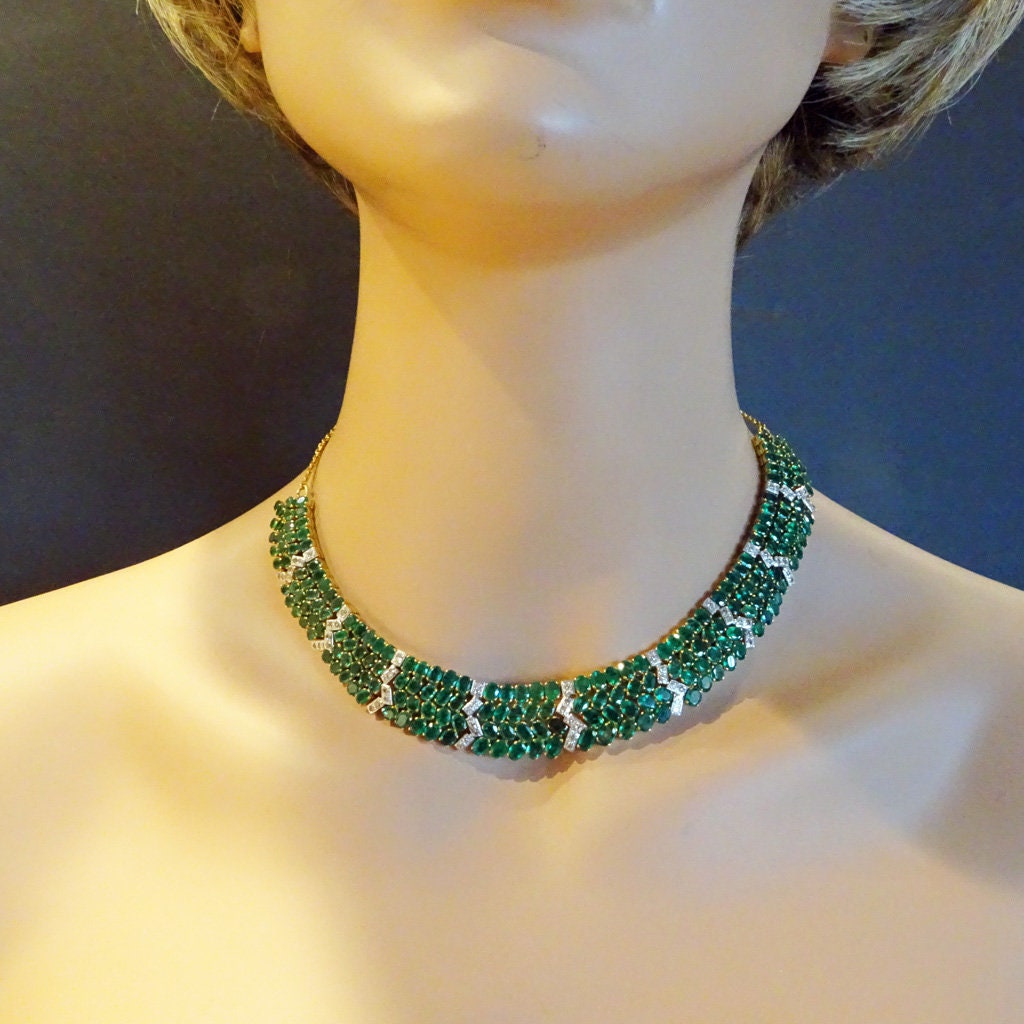 Vintage Necklace Bib 22k Gold 26ct Emeralds Diamonds Retro Appraisal India (6805)