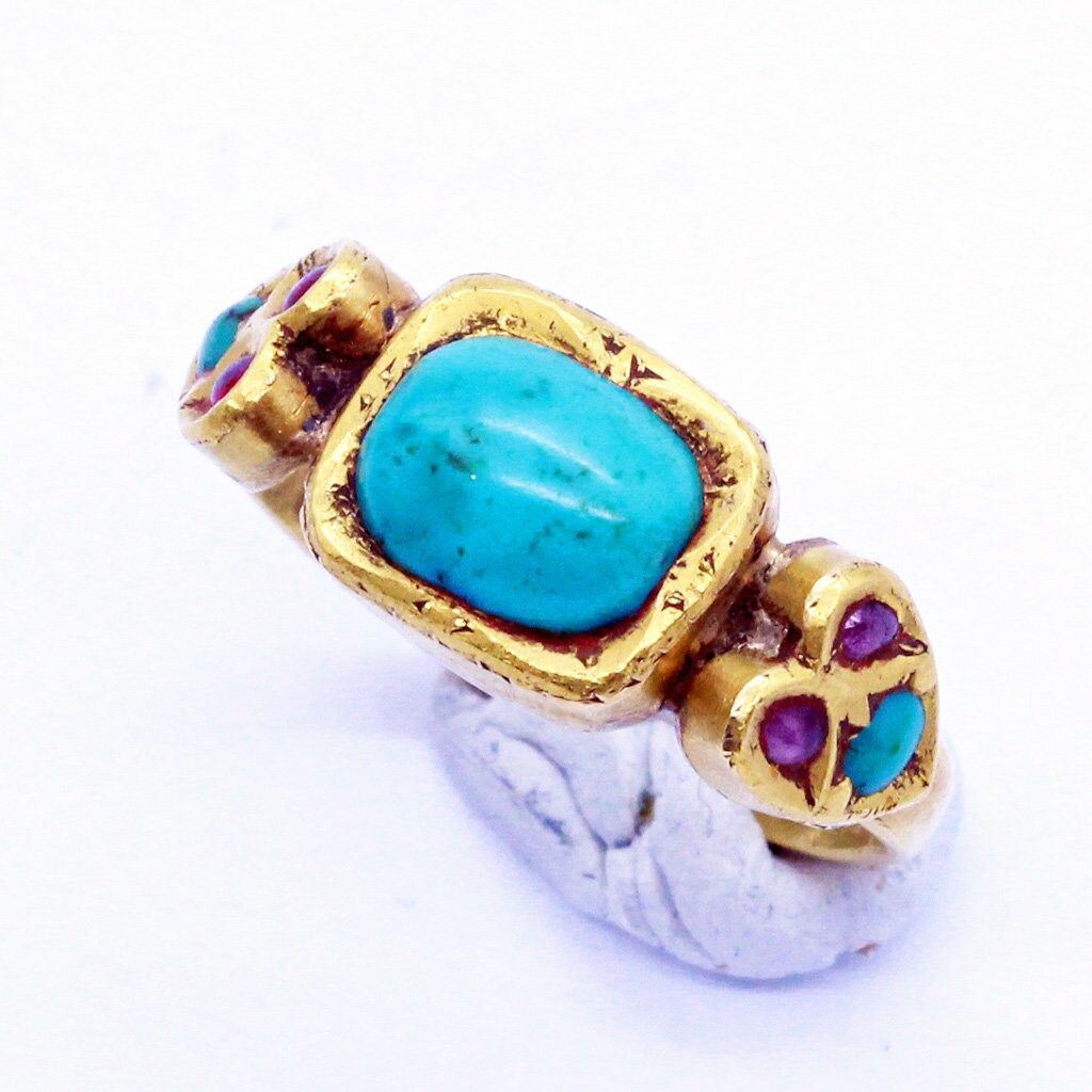 Antique Victorian Ring 22k Gold Turquoise Rubies Indian Mughal Unisex Man (6807)