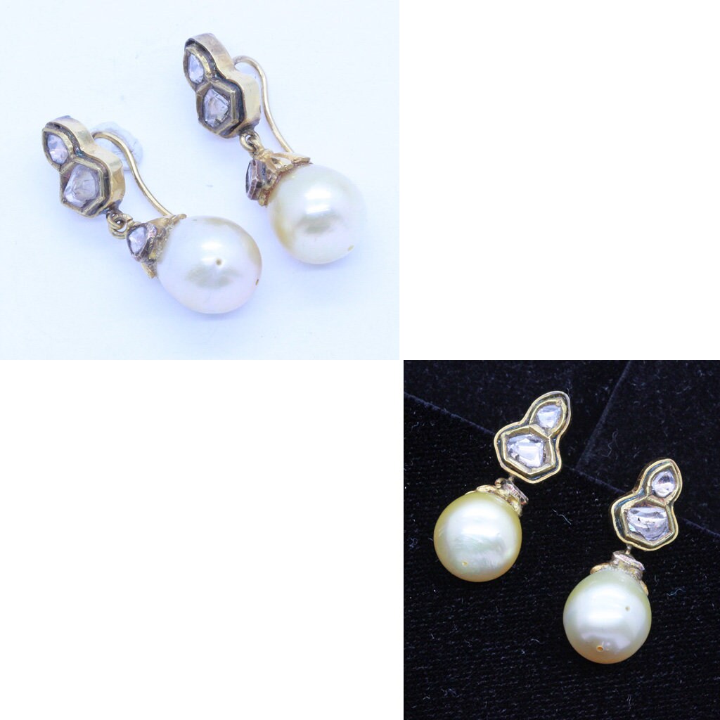 Vintage Earrings Gold Pearls Diamonds Enamel India Dangle ear pendants (6810)