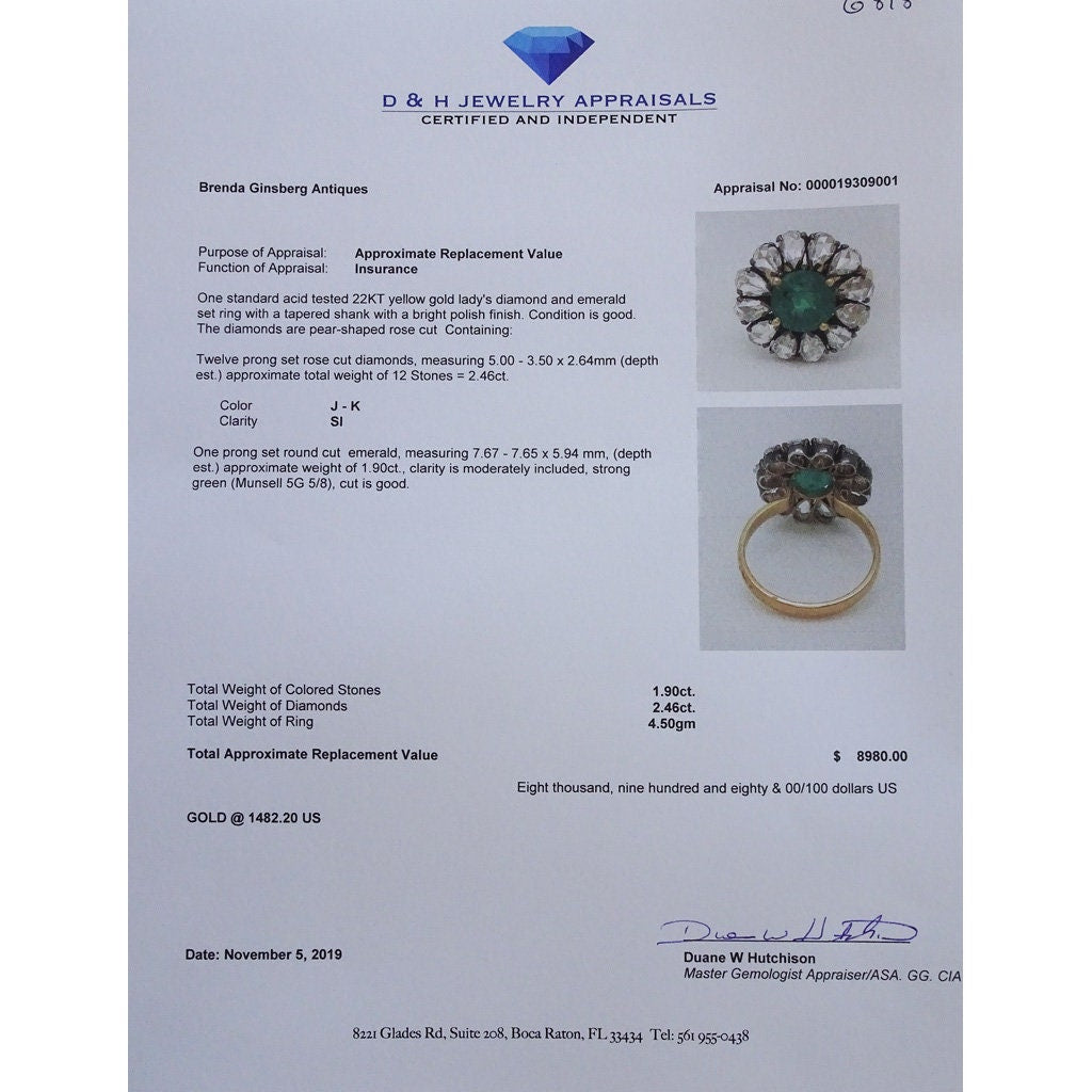 Vintage Ring 22k Gold Emerald Diamonds Mid1900s Golconda India w Appraisal (6818