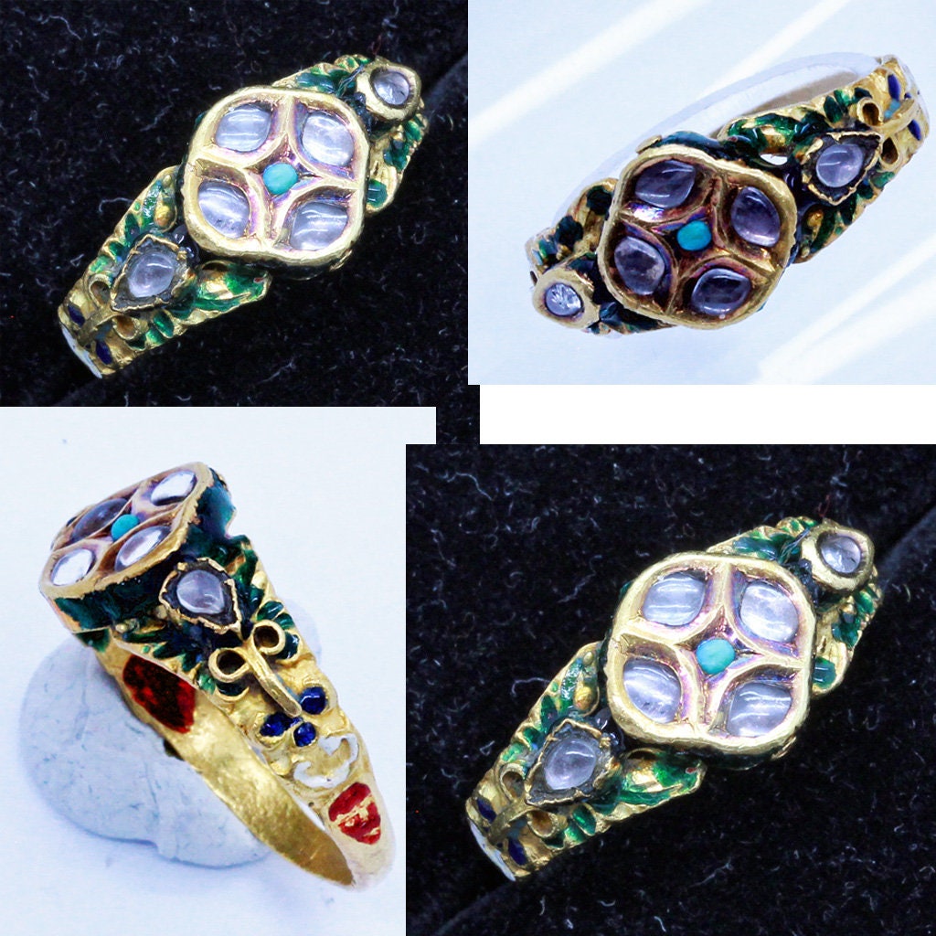 Antique Ring 20k Gold Enamel Turquoise Gems Rajastan India Unisex Man Woman(6820)