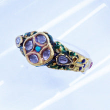 Antique Ring 20k Gold Enamel Turquoise Gems Rajastan India Unisex Man Woman(6820)