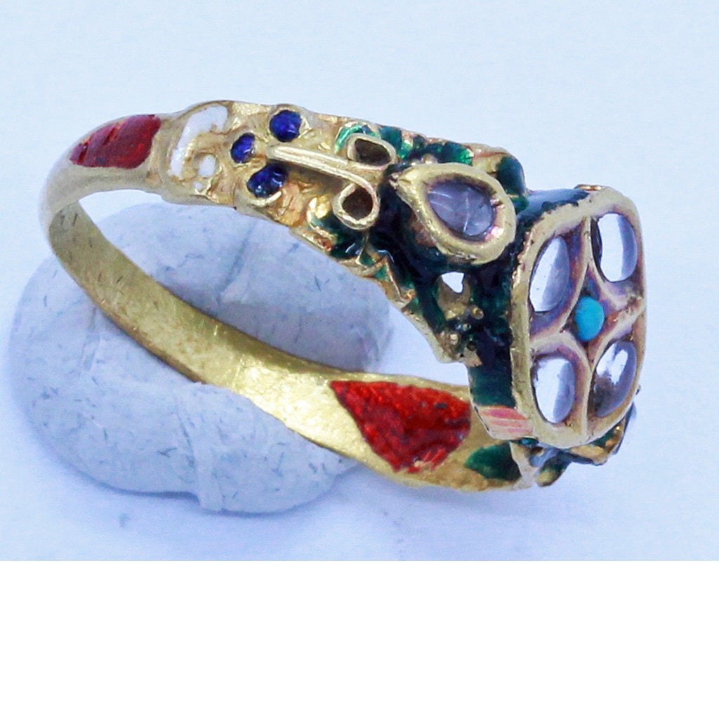 Antique Ring 20k Gold Enamel Turquoise Gems Rajastan India Unisex Man Woman(6820)
