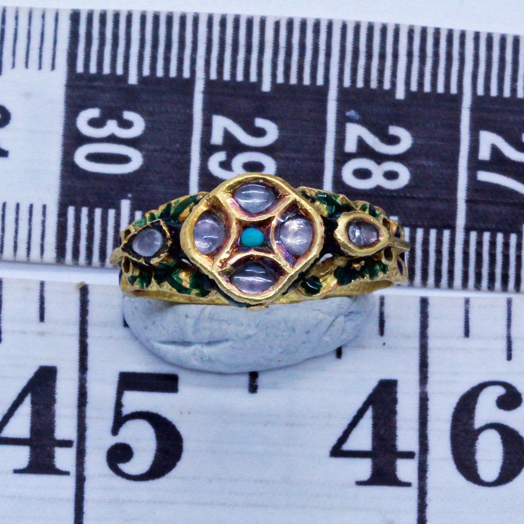 Antique Ring 20k Gold Enamel Turquoise Gems Rajastan India Unisex Man Woman(6820)
