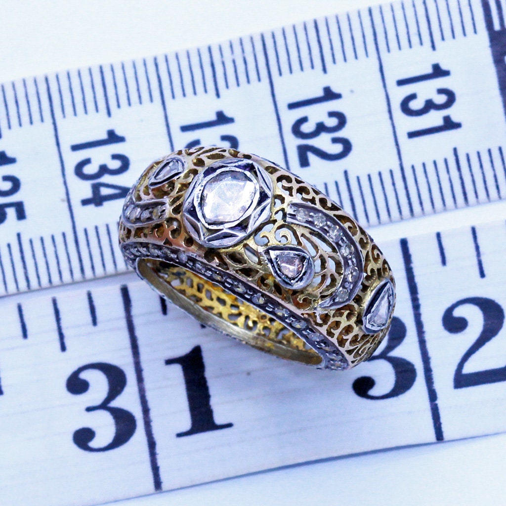 Vintage Ring Gold Silver Diamonds Openwork Unisex Man Woman India c1960s (6821)