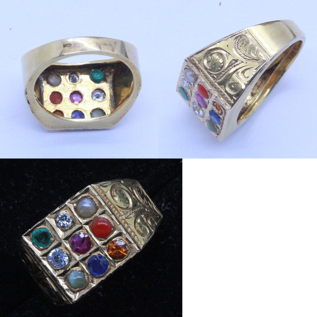 Antique Navaratna Ring 20k Gold Gems Diamond Amulet Unisex India (6823)