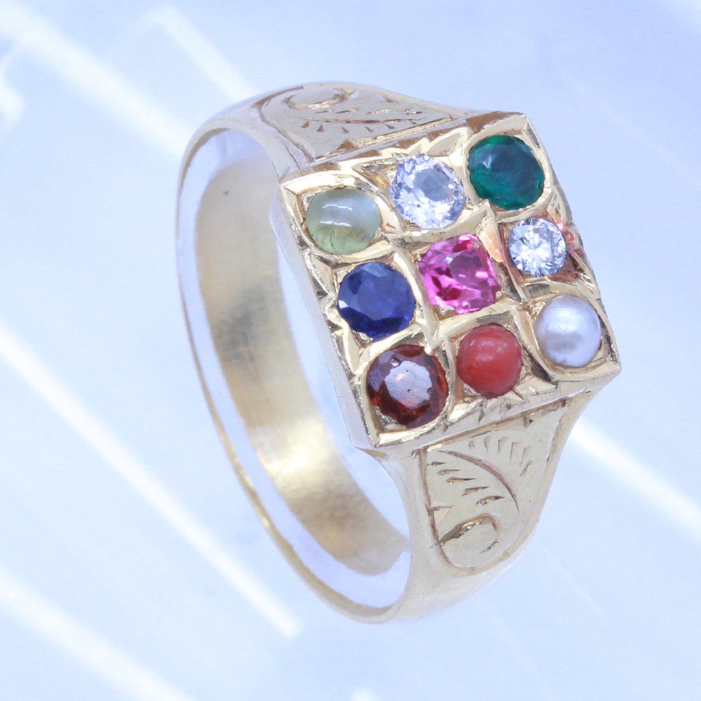 Antique Navaratna Ring 22k Gold Gems Amulet Unisex India (6824)