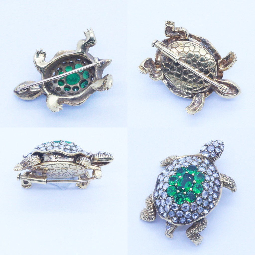 Vintage Pair Turtle Brooches 18k Gold Diamonds Green Garnets w Appraisal (6836)