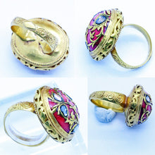 Antique Ring 22k Gold large Natural Crl Cabochon Diamonds Unisex India (6828)