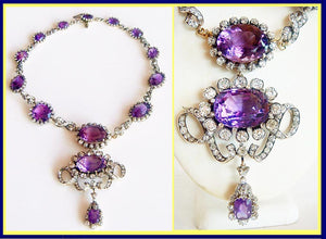Victorian Necklace 90ct Amethyst 17.25ct Diamond 14k Gold SilverAppraisal (4899)