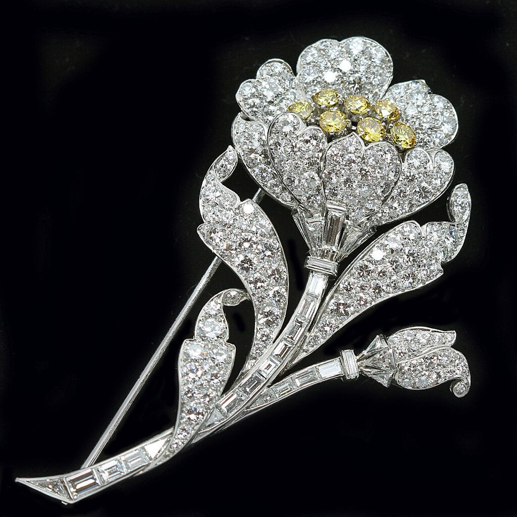 Antique Art Deco Brooch Yellow & White Diamonds Platinum w Certificate (5207)