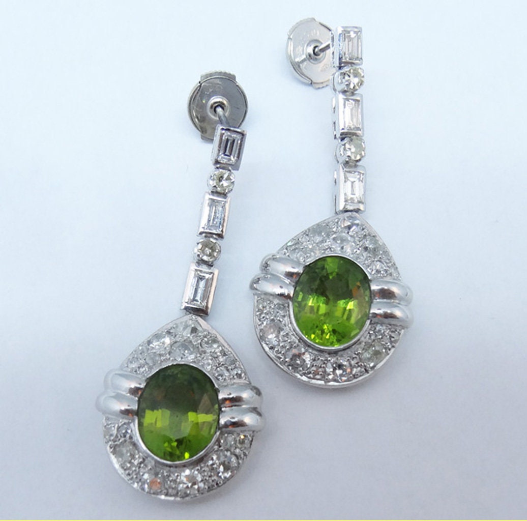 Vintage Ear Pendant Earrings Platinum Peridot Diamond w Appraisal (5776)