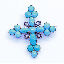 Antique Victorian Cross Brooch Gold Turquoise Diamonds 19th century (6785)