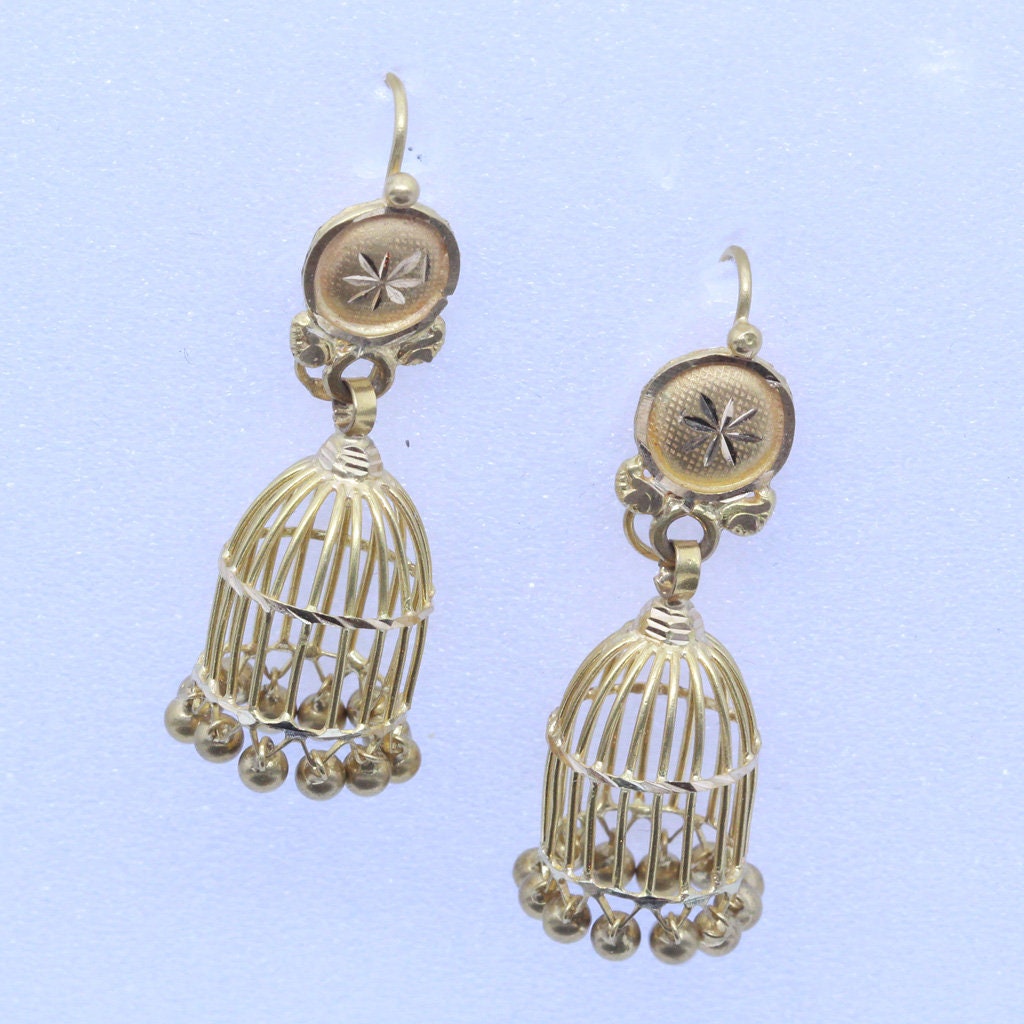Vintage Earrings 22K Gold Ear Pendants Openwork Bells Dangly India (6803)