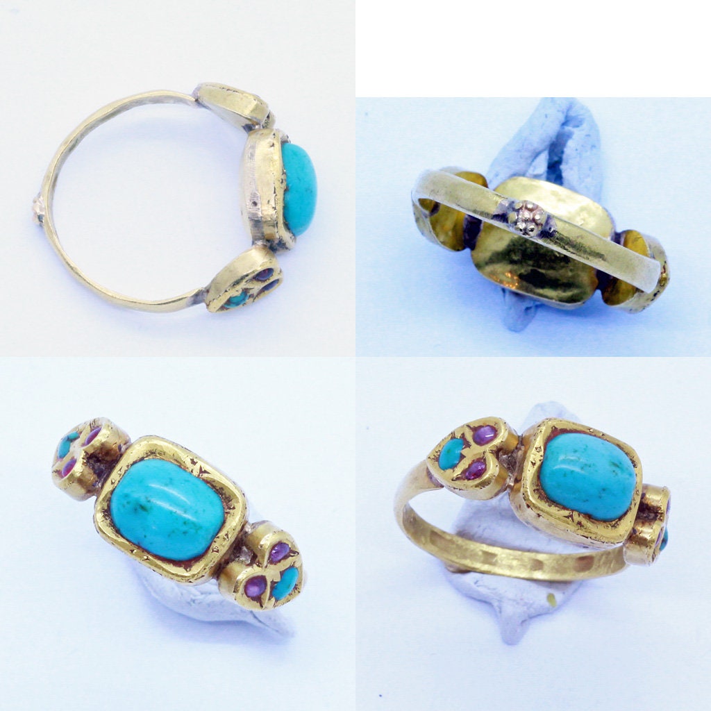 Antique Victorian Ring 22k Gold Turquoise Rubies Indian Mughal Unisex Man (6807)