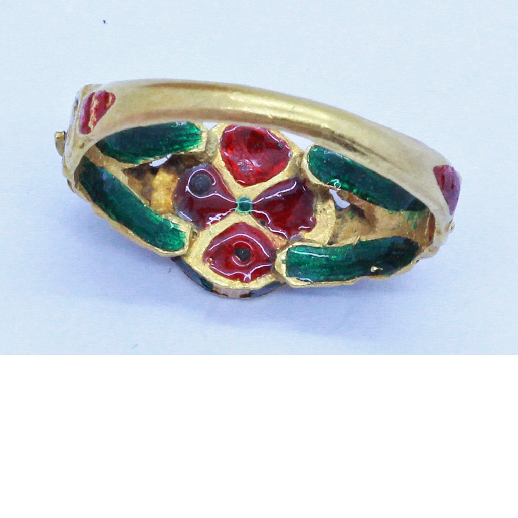 Antique Ring 20k Gold Enamel Turquoise Gems Rajastan India Unisex Man Woman(6820)