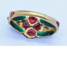 Antique Ring 20k Gold Enamel Turquoise Gems Rajastan India Unisex Man Woman(6820)