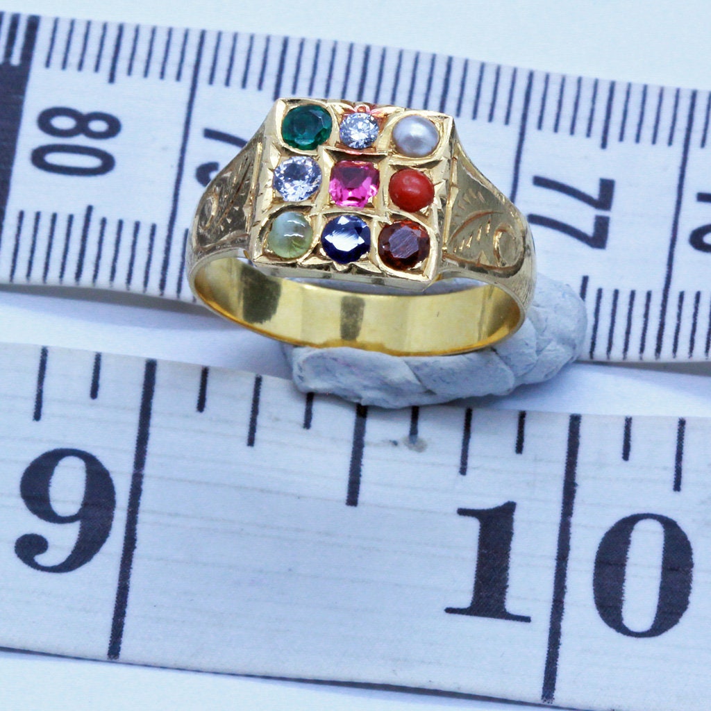 Antique Navaratna Ring 22k Gold Gems Amulet Unisex India (6824)