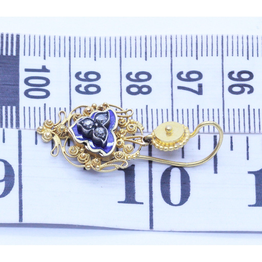 Antique Georgian Earrings 14k Gold Cannetille Diamonds blue Enamel Silver (6843)