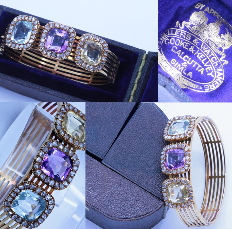 Antique Victorian Bangle Bracelet Gold Diamonds Aquamarine Gems Appraisal (6516