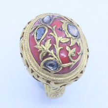 Antique Ring 22k Gold large Natural Crl Cabochon Diamonds Unisex India (6828)