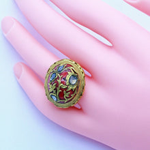 Antique Ring 22k Gold large Natural Crl Cabochon Diamonds Unisex India (6828)