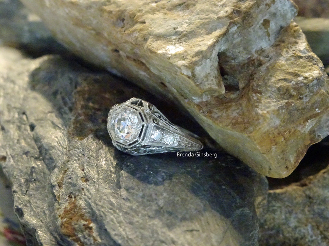 Antique Art Deco Engagement Ring Platinum Diamonds Filigree w Appraisal   (5374)
