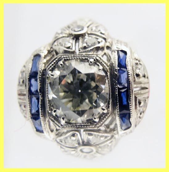 Art Deco Engagement Wedding Ring Diamond Platinum Sapphires w Appraisal (5499)