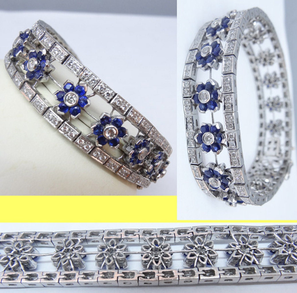 Vintage Bracelet White Gold Diamonds Sapphire Diamond Flowers w appraisal (5778)