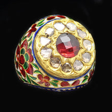 Mughal Ring 22k Gold Diamonds Garnet Enamel Man's Jewelry w Appraisal (4733)