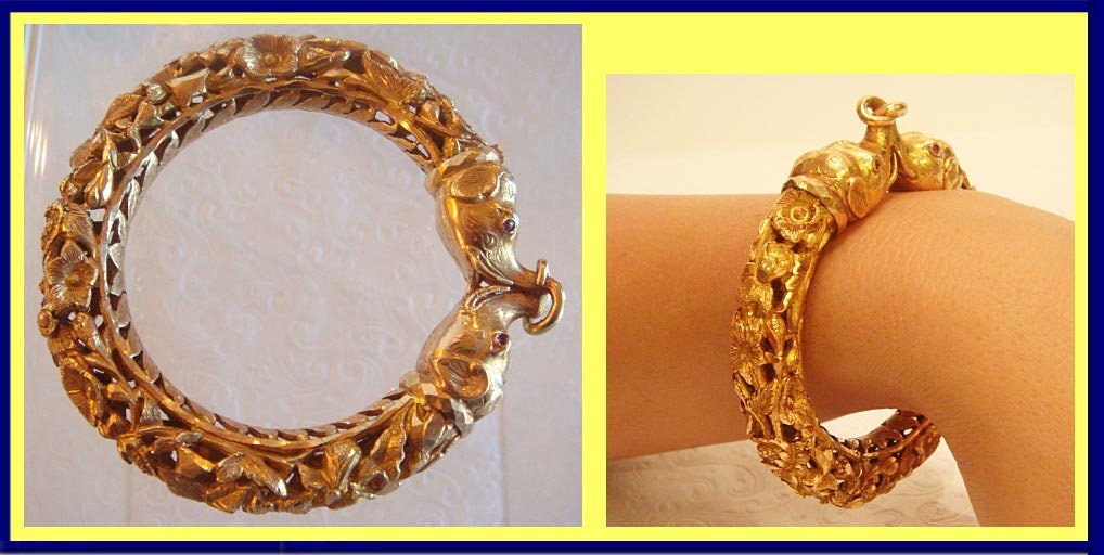 Antique Vintage Bangle Bracelet 22k Gold Elephant Heads Mughal India (4930)