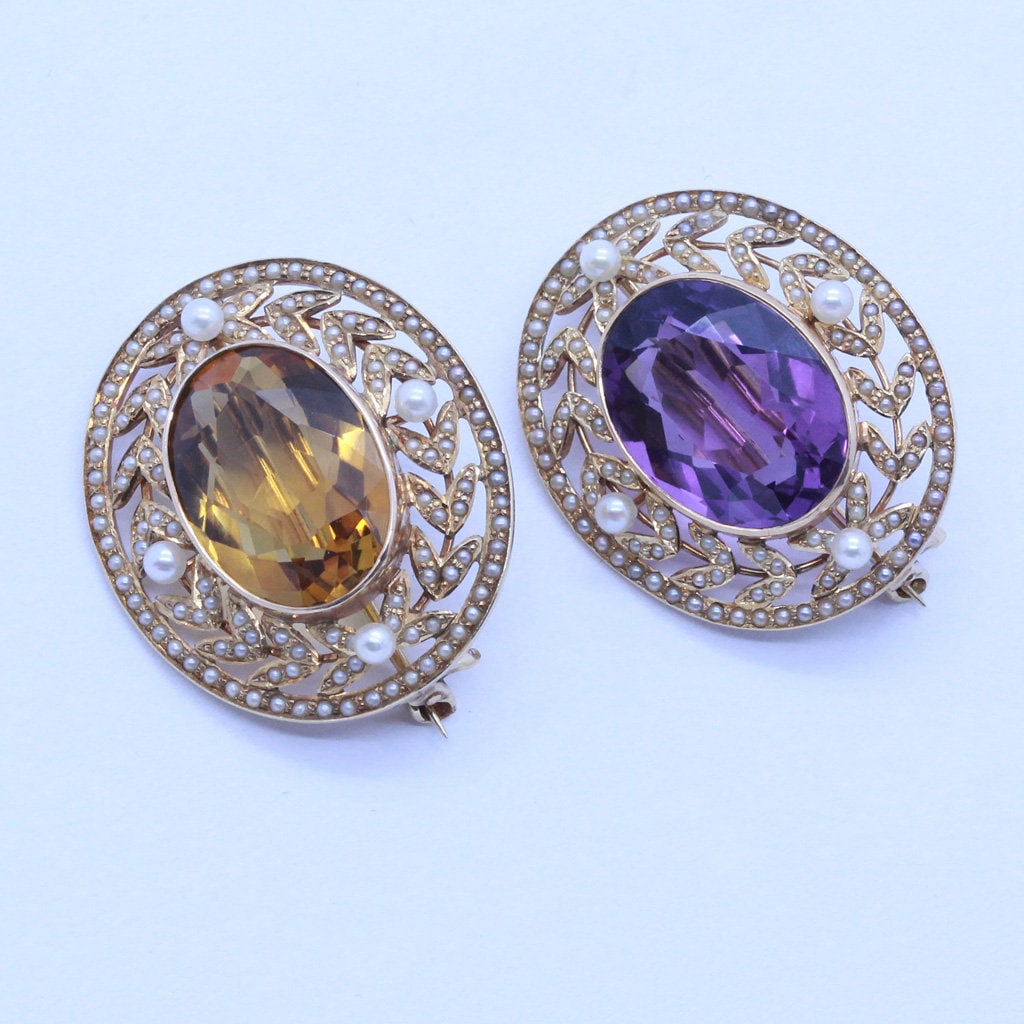 Antique Edwardian Pair Brooches 14k Gold Pearls Amethyst Citrine SOLINGER (6853)