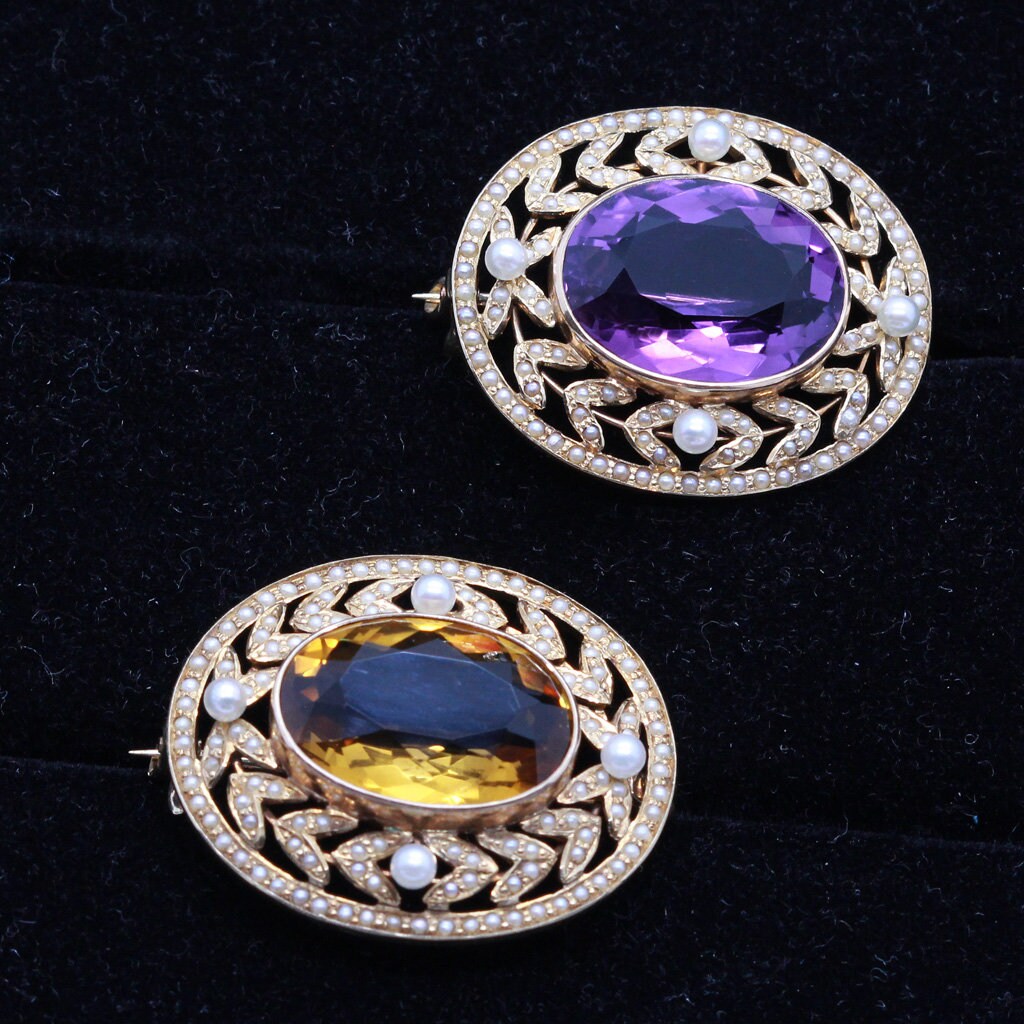 Antique Edwardian Pair Brooches 14k Gold Pearls Amethyst Citrine SOLINGER (6853)