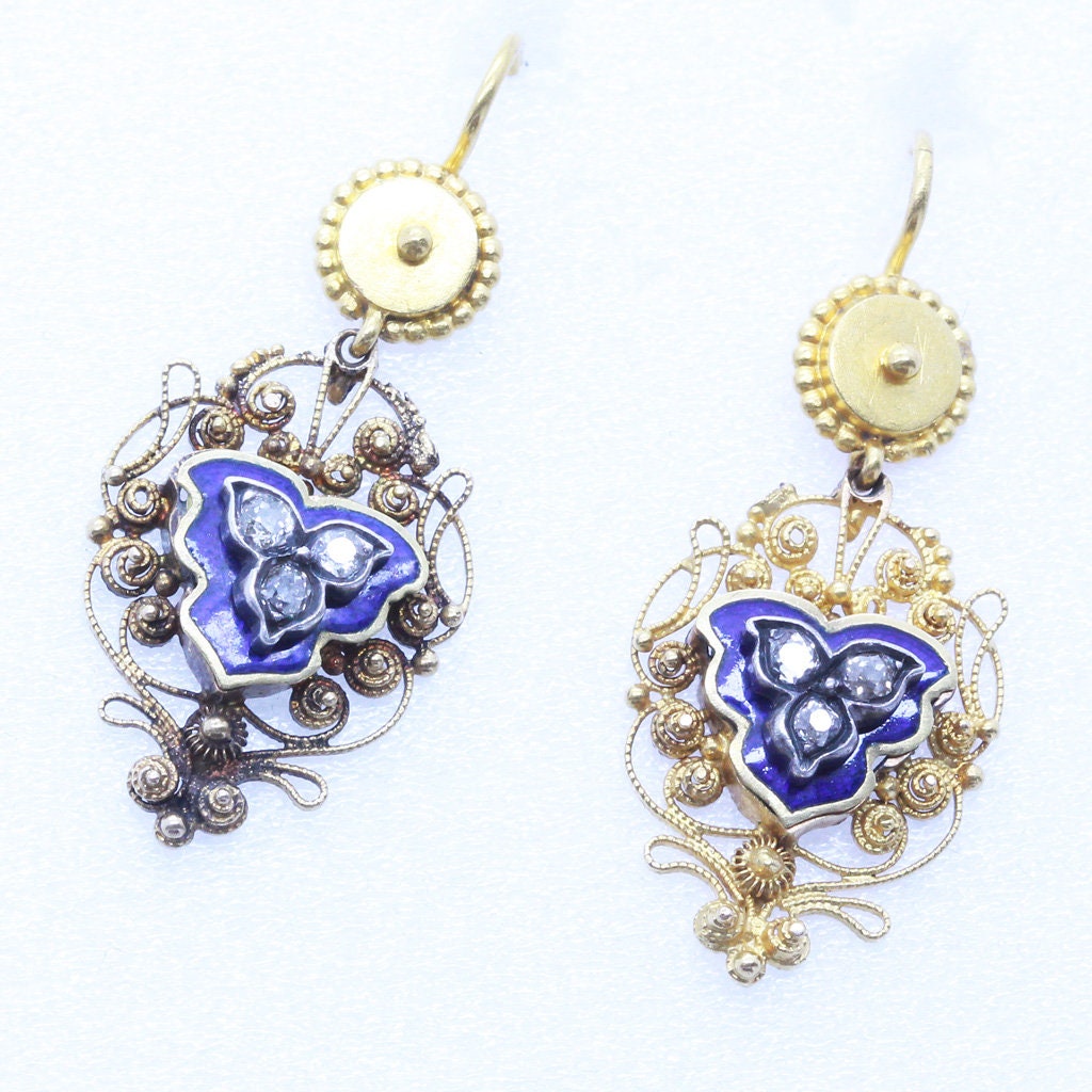 Antique Georgian Earrings 14k Gold Cannetille Diamonds blue Enamel Silver (6843)