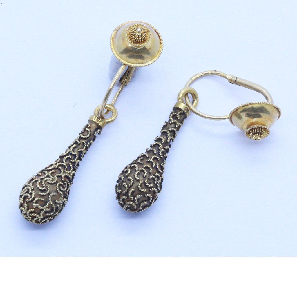 Antique Victorian Earrings 14k Gold Filigree Day Night Possibly Russian (6847)