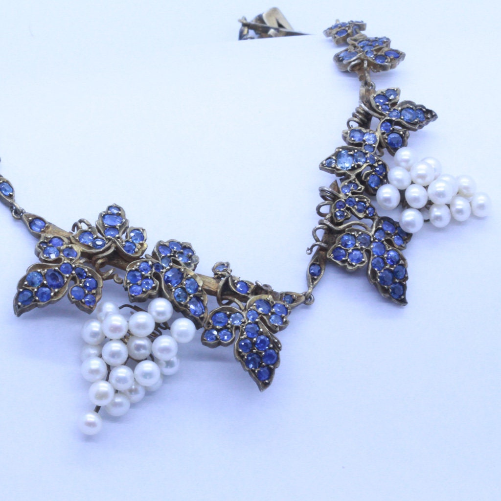 Mario Buccellati Vintage Necklace Sapphires Pearls Gold Silver Grapes Vine(6860)