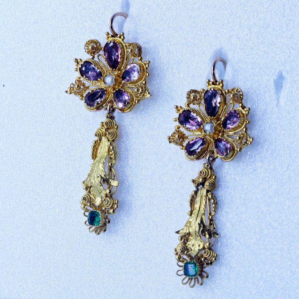 Antique Georgian Earrings 15ct Gold Emeralds Amethysts Pearls Cannetille (6709)