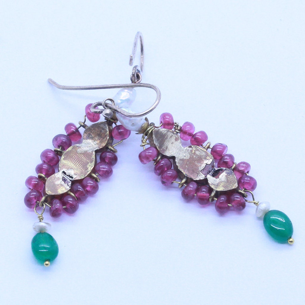 Antique Earrings 18-22k Gold Diamonds Emeralds Rubies Pearls Indian 19C (6817)